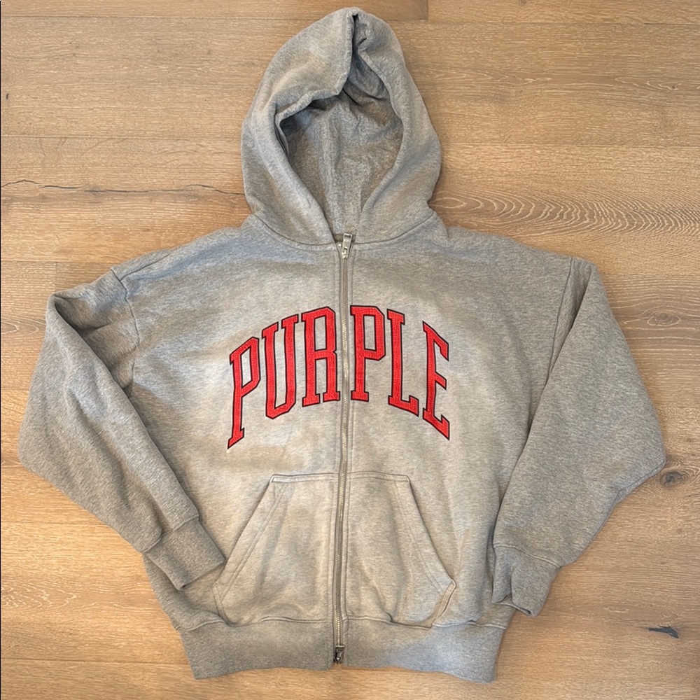 PURPLE Gray Zip-Up Hoodie with Red Lettering. Size S. (Feels like a size M)